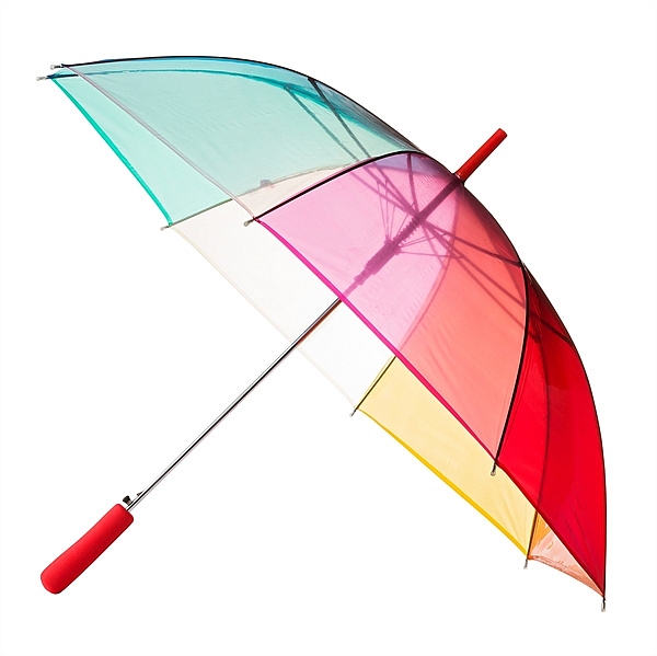 Dámský průhledný duhový deštník CLEAR RAINBOW červená rukojeť