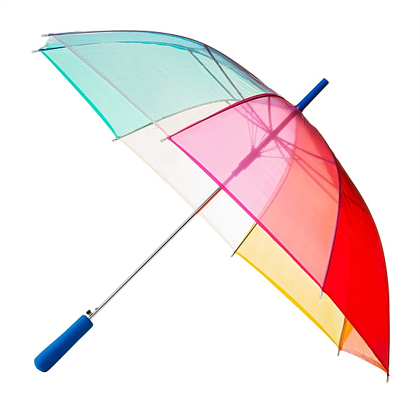 Dámský průhledný duhový deštník CLEAR RAINBOW modrá rukojeť